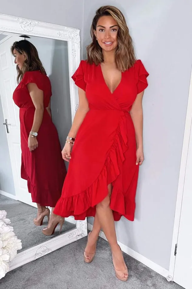 AX Paris Red Wrap Over Frill Hem Short Sleeve Midi Dress Dresses