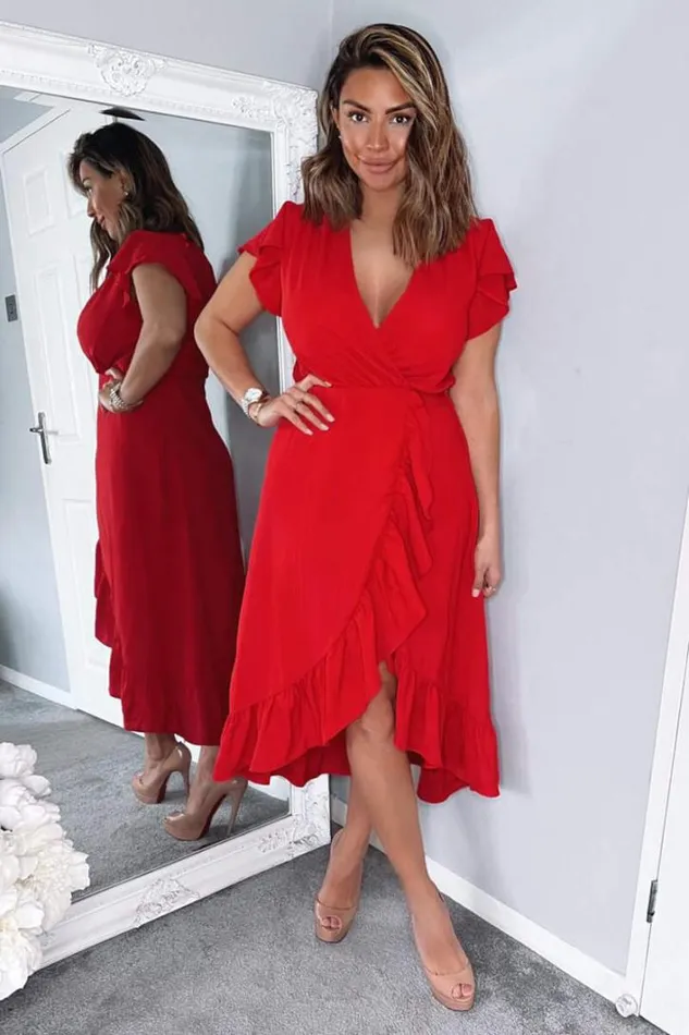 AX Paris Red Wrap Over Frill Hem Short Sleeve Midi Dress Dresses
