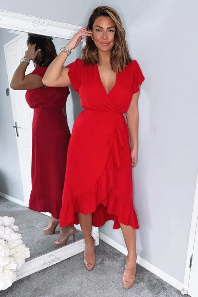 AX Paris Red Wrap Over Frill Hem Short Sleeve Midi Dress Dresses
