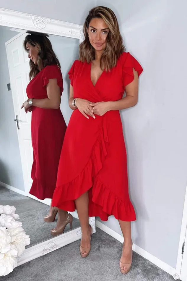 AX Paris Red Wrap Over Frill Hem Short Sleeve Midi Dress Dresses
