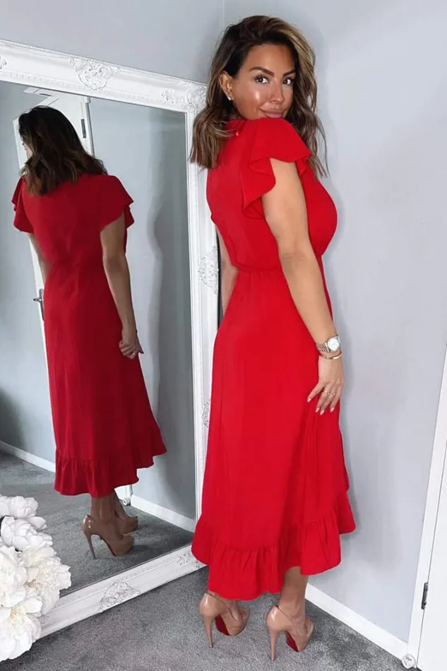 AX Paris Red Wrap Over Frill Hem Short Sleeve Midi Dress Dresses