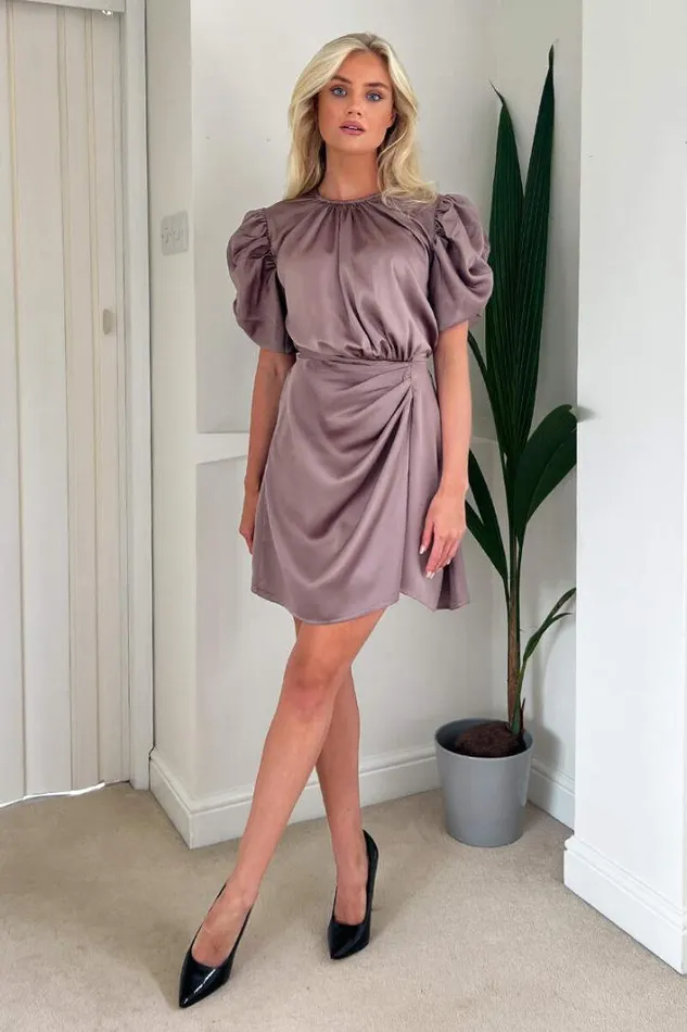 AX Paris Taupe Short Puff Sleeve Gathered Side Mini Dress Dresses