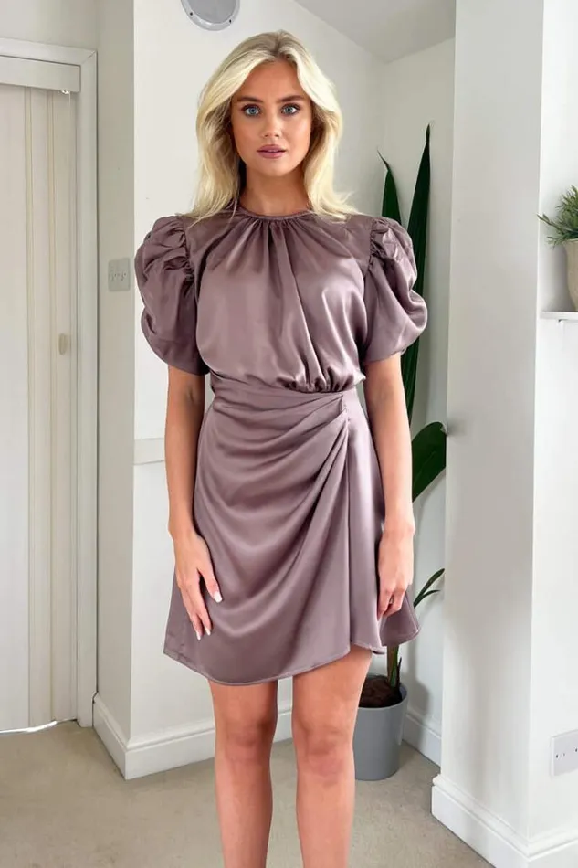 AX Paris Taupe Short Puff Sleeve Gathered Side Mini Dress Dresses