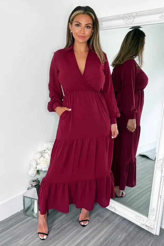 AX Paris Wine Long Sleeve Wrap Top Smock Midi Dress Dresses