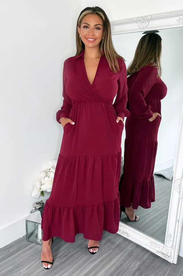 AX Paris Wine Long Sleeve Wrap Top Smock Midi Dress Dresses