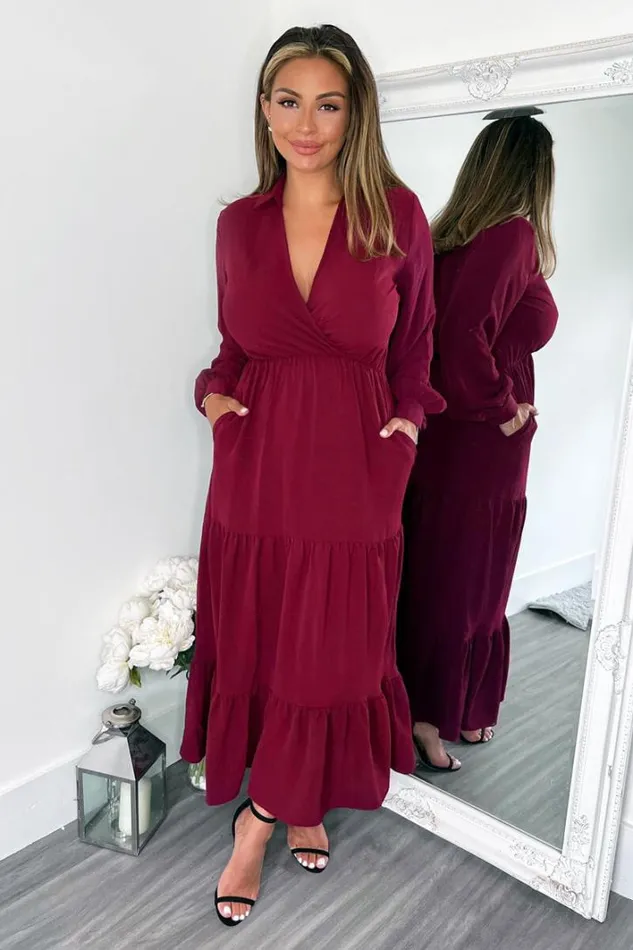 AX Paris Wine Long Sleeve Wrap Top Smock Midi Dress Dresses