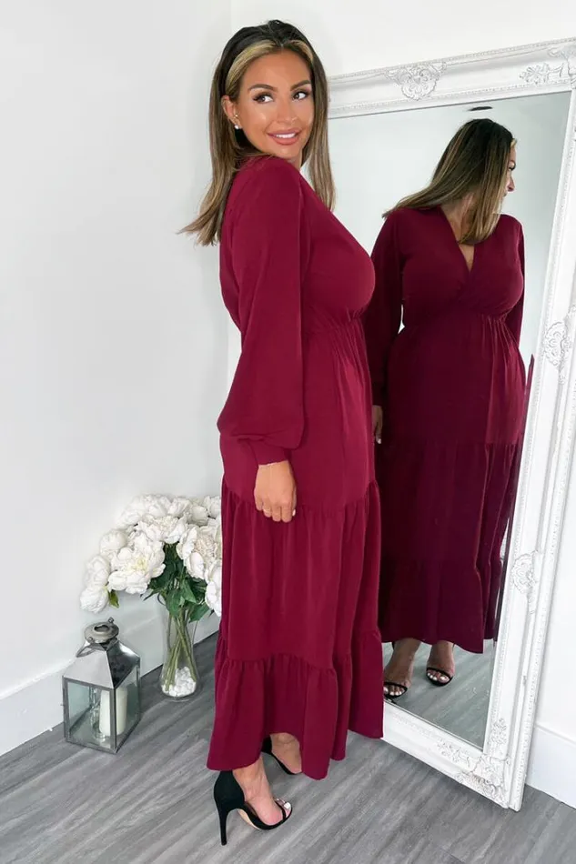 AX Paris Wine Long Sleeve Wrap Top Smock Midi Dress Dresses
