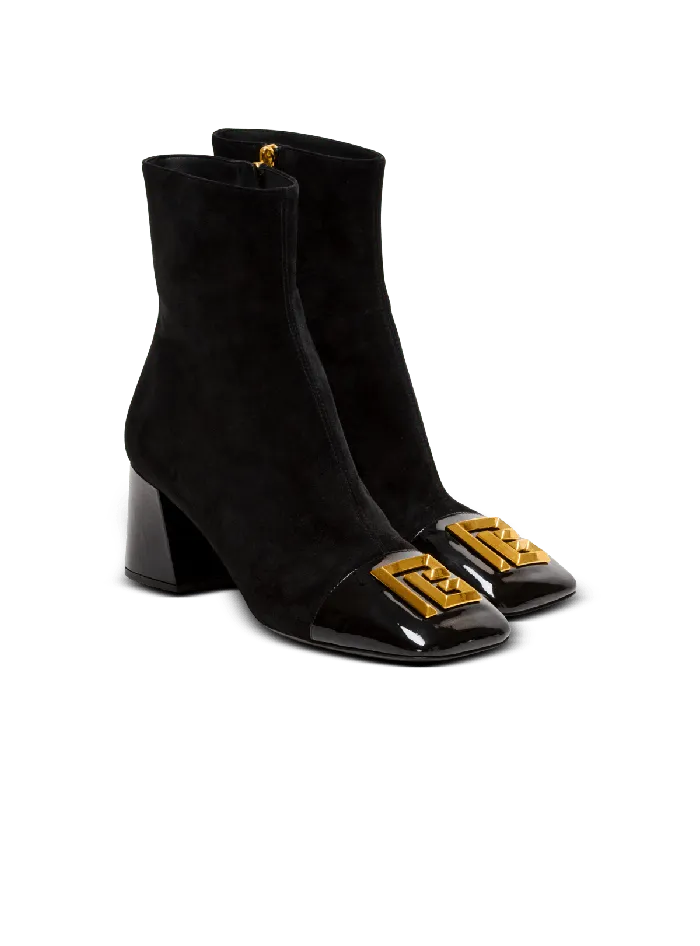 Balmain Boots Women Suede Edna Ankle Boots With Patent Leather Toes Black