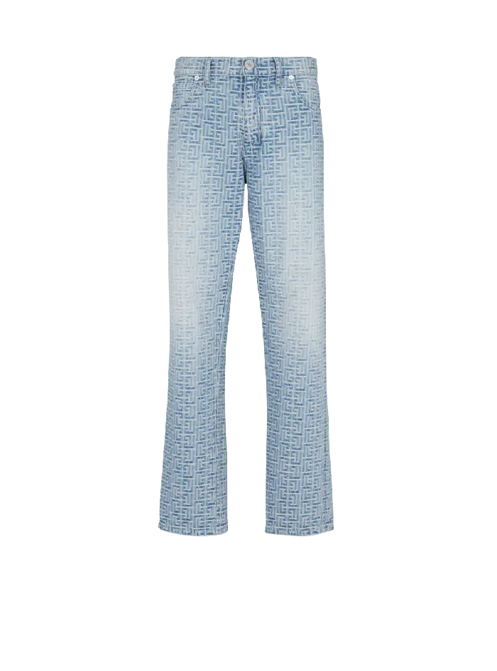 Balmain Denim Men Monogrammed Jacquard Denim Jeans Blue