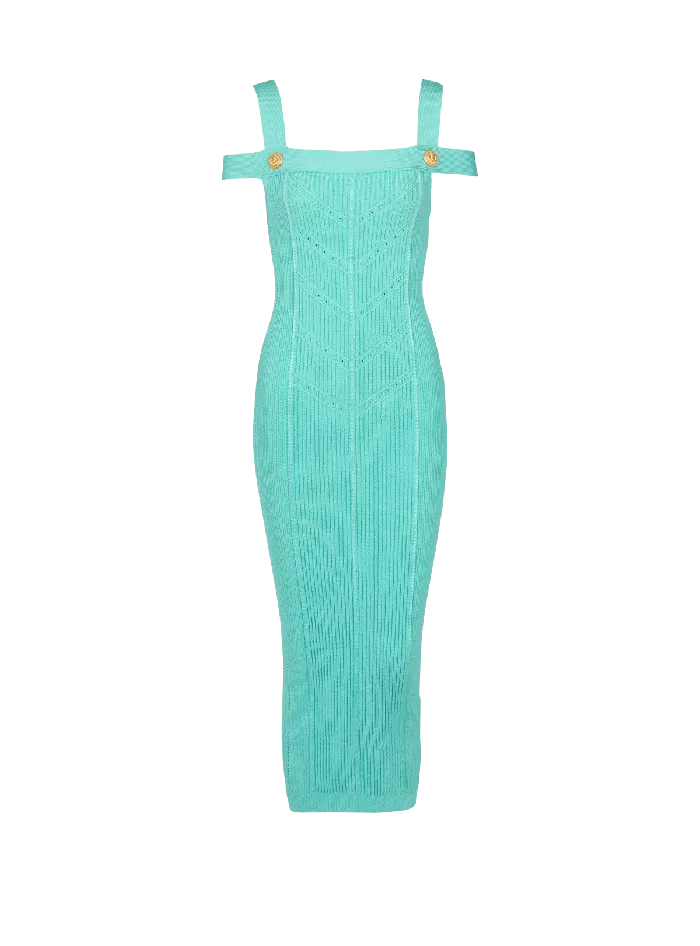 Balmain Dresses Women Knit Midi Dress With Double Straps Blue