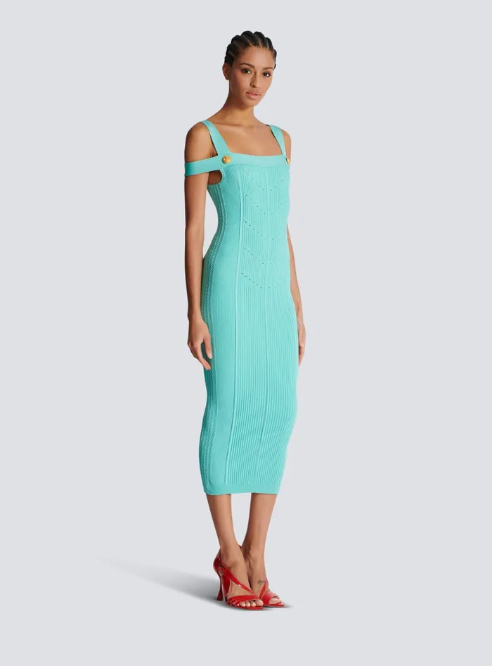 Balmain Dresses Women Knit Midi Dress With Double Straps Blue