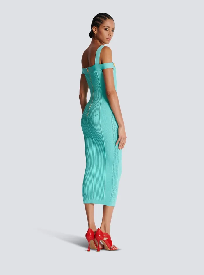 Balmain Dresses Women Knit Midi Dress With Double Straps Blue
