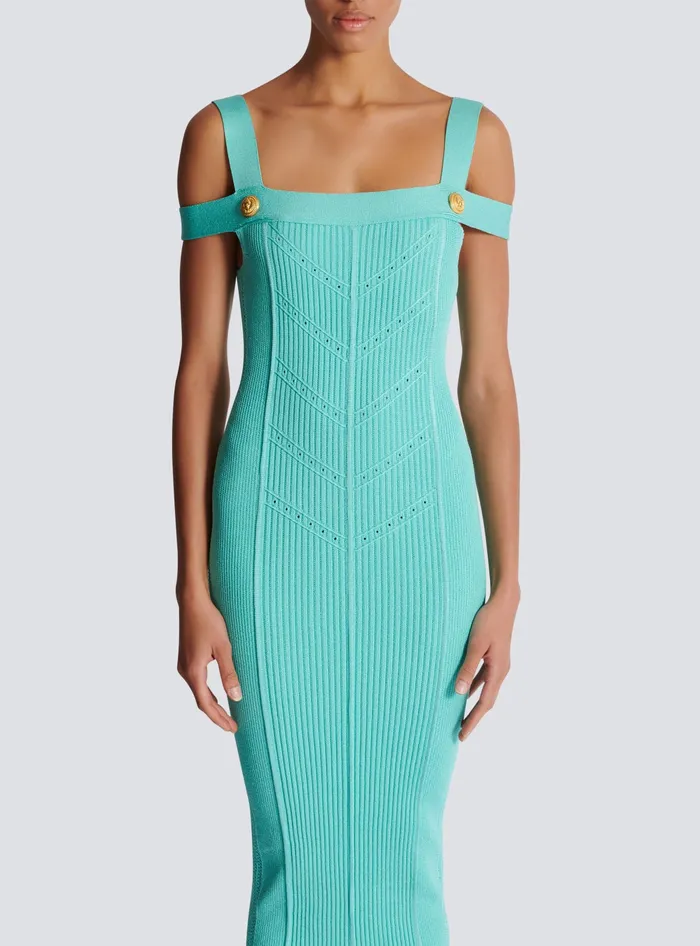 Balmain Dresses Women Knit Midi Dress With Double Straps Blue