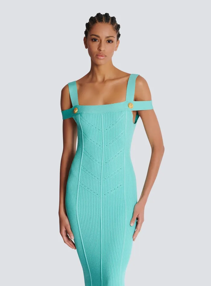 Balmain Dresses Women Knit Midi Dress With Double Straps Blue