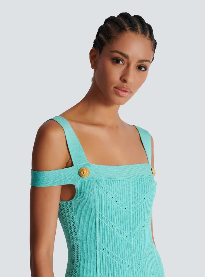 Balmain Dresses Women Knit Midi Dress With Double Straps Blue