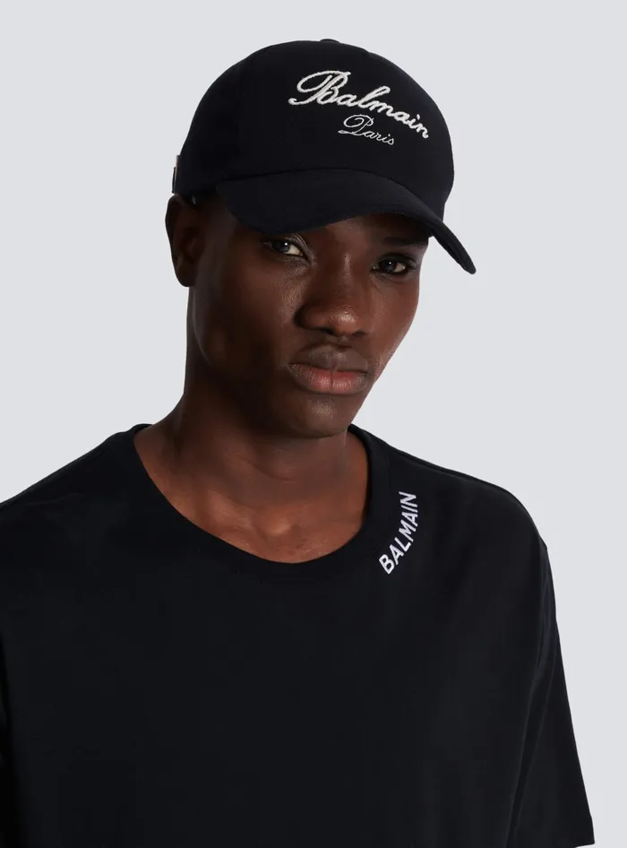 Balmain Hats And Caps Men Cotton Cap With Signature Embroidery Black