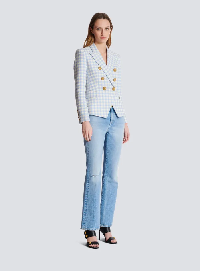 Balmain Jackets And Blazers Women Gingham Tweed 6button Jacket Blue