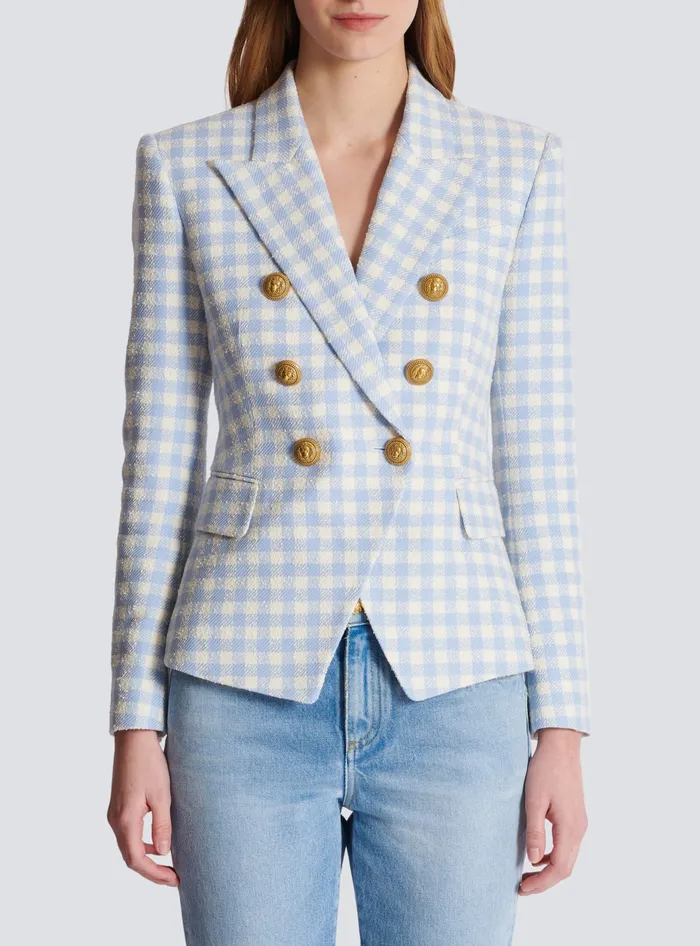 Balmain Jackets And Blazers Women Gingham Tweed 6button Jacket Blue