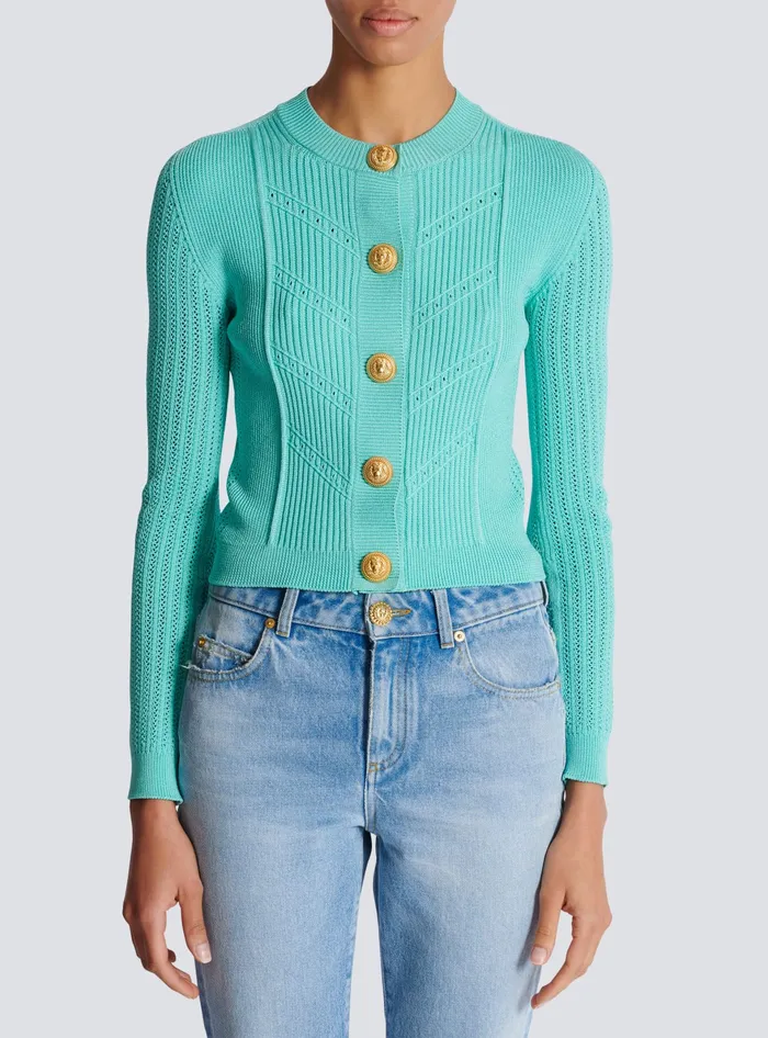 Balmain Knitwear Women Cropped Knit Cardigan Blue