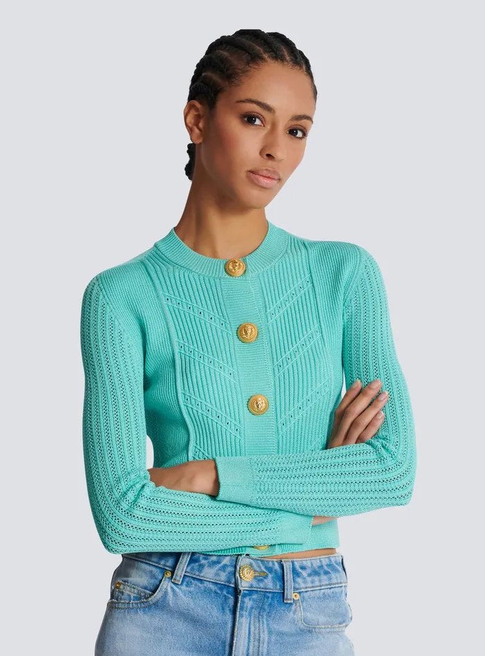 Balmain Knitwear Women Cropped Knit Cardigan Blue