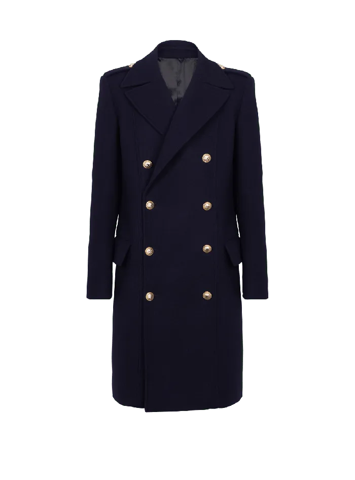 Balmain Outerwear Men Coat In Felted Doublefaced Wool Navy