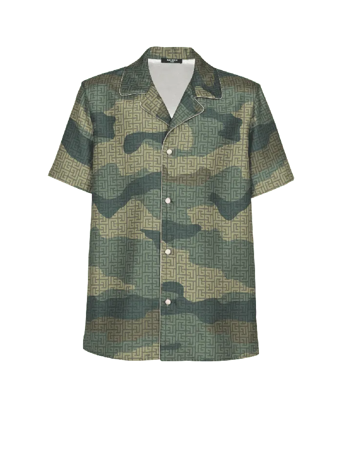 Balmain Shirts And Polos Men Camouflage Monogrammed Shantung Shirt Khaki