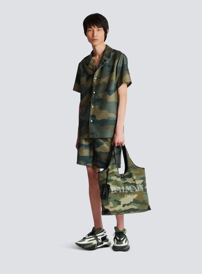 Balmain Shirts And Polos Men Camouflage Monogrammed Shantung Shirt Khaki