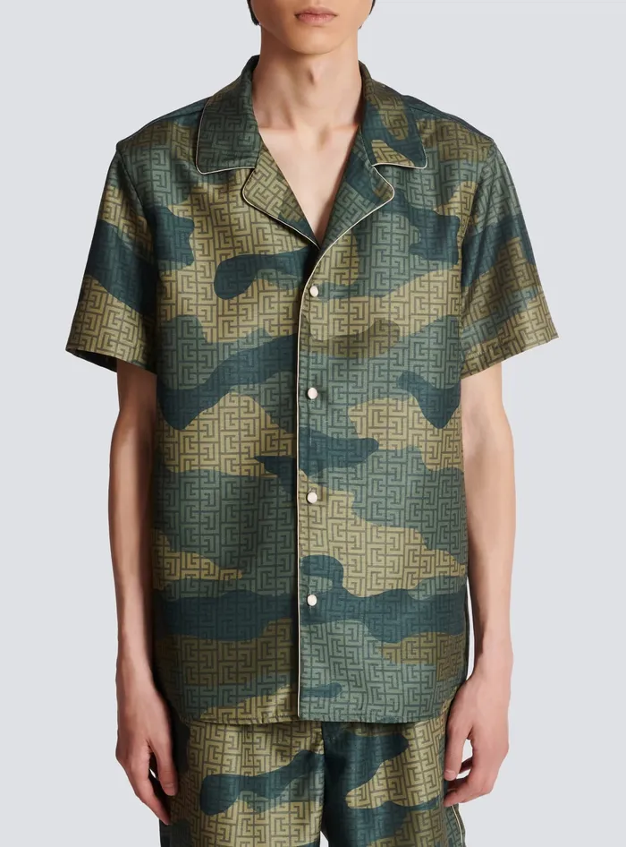 Balmain Shirts And Polos Men Camouflage Monogrammed Shantung Shirt Khaki