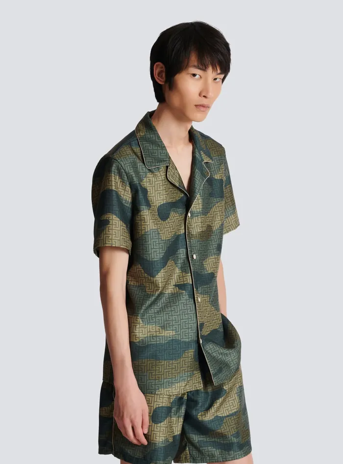 Balmain Shirts And Polos Men Camouflage Monogrammed Shantung Shirt Khaki