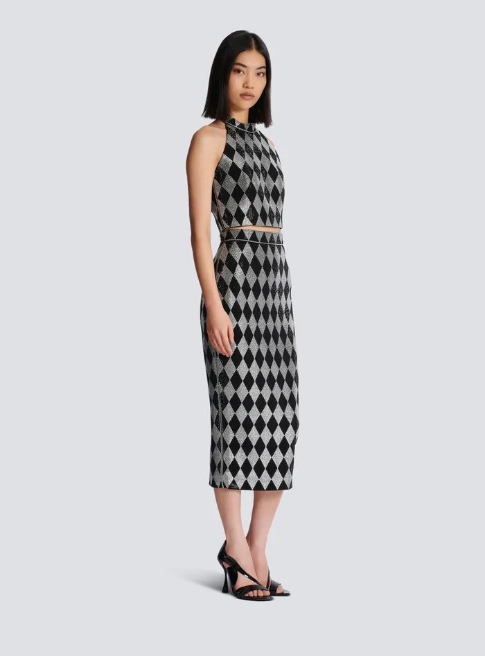Balmain Skirts Women Diamond Rhinestone Midi Skirt Black