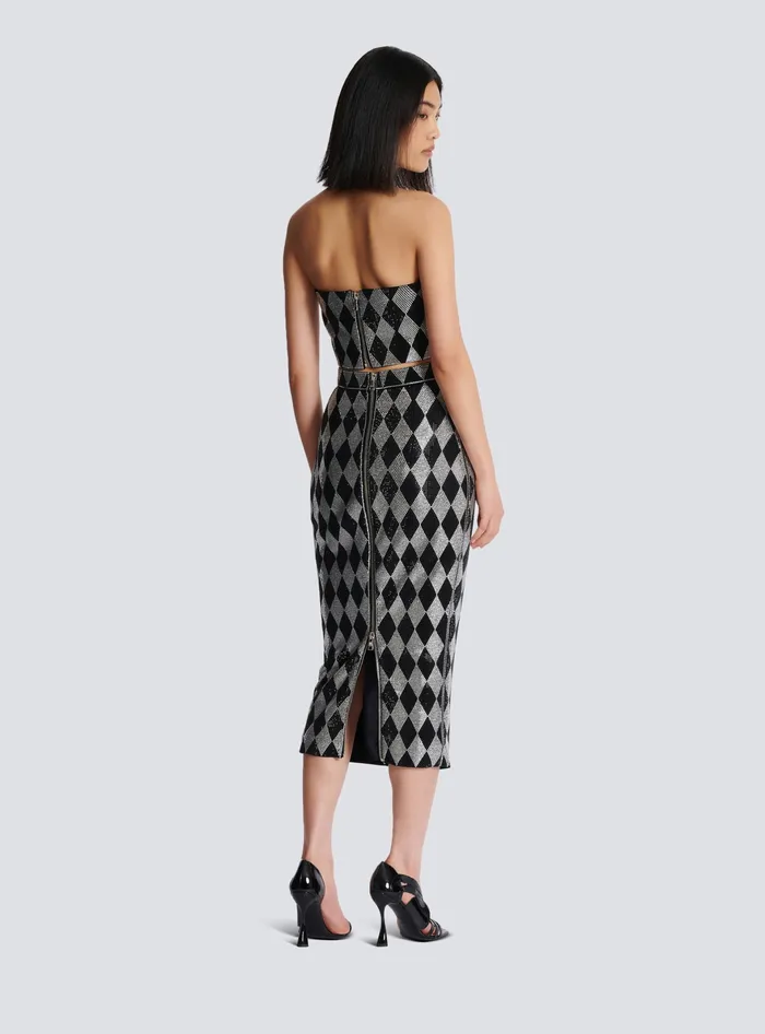 Balmain Skirts Women Diamond Rhinestone Midi Skirt Black