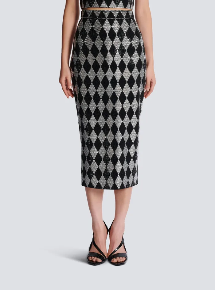 Balmain Skirts Women Diamond Rhinestone Midi Skirt Black