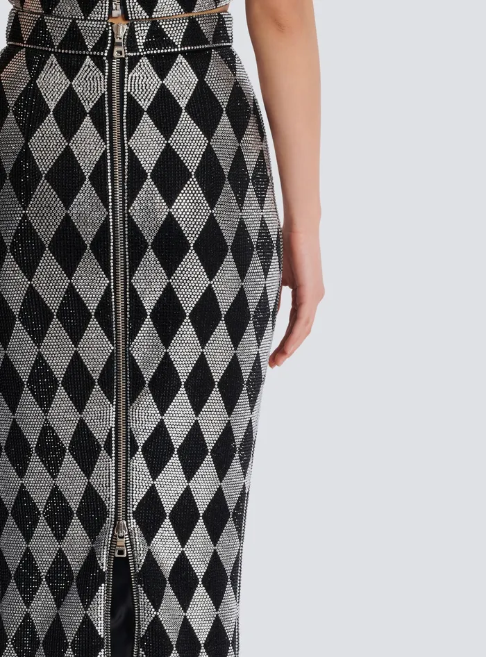 Balmain Skirts Women Diamond Rhinestone Midi Skirt Black