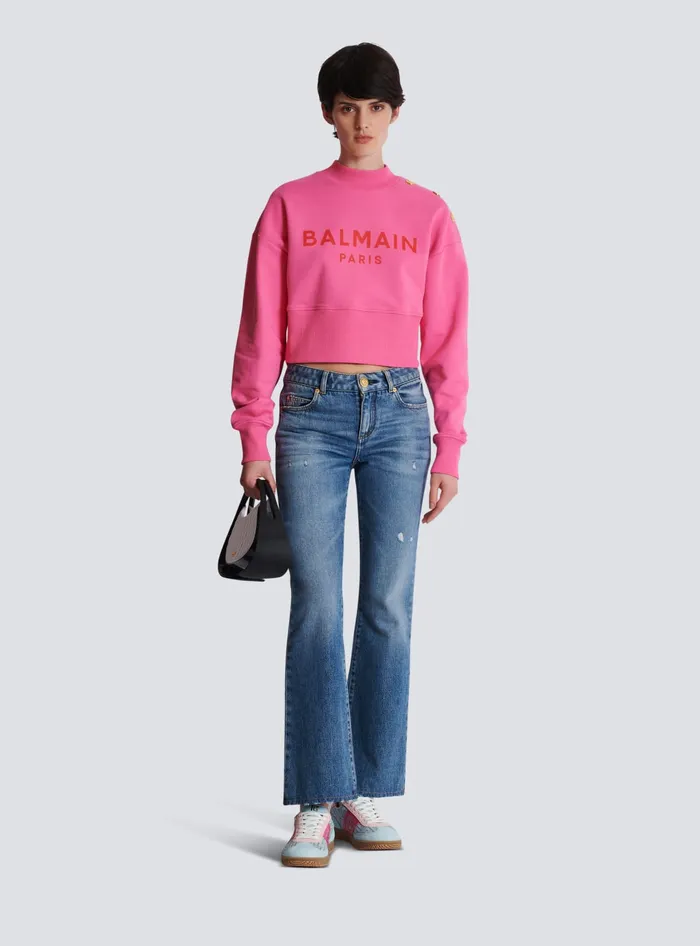 Balmain Sweatshirts Women Cropped Sweatshirt With Paris Print Pink