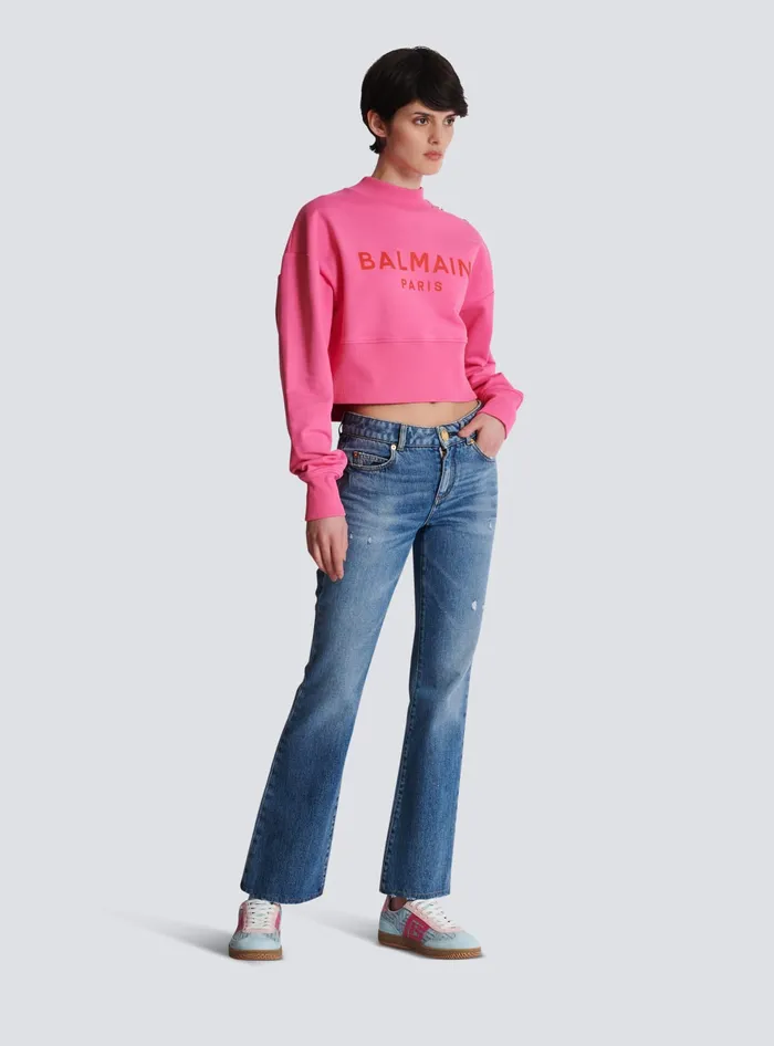 Balmain Sweatshirts Women Cropped Sweatshirt With Paris Print Pink