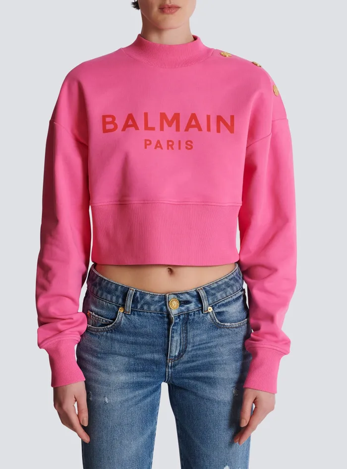 Balmain Sweatshirts Women Cropped Sweatshirt With Paris Print Pink