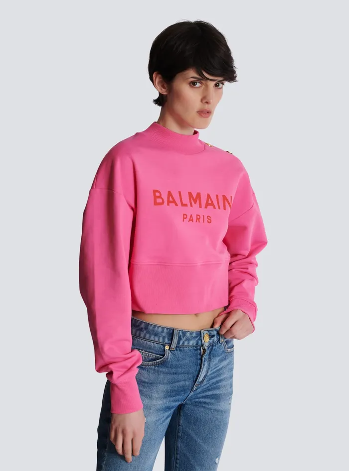 Balmain Sweatshirts Women Cropped Sweatshirt With Paris Print Pink