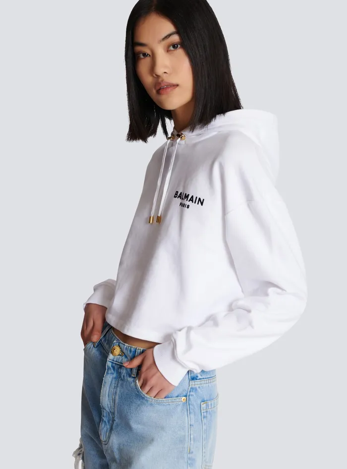 Balmain Sweatshirts Women Flocked Paris Hoodie White
