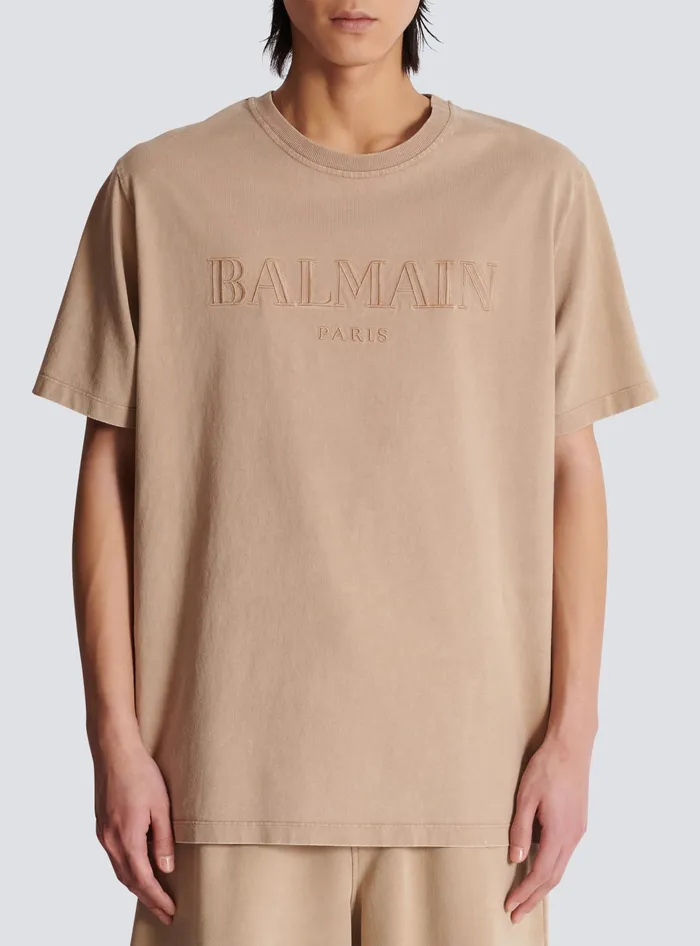 Balmain TShirts Men Loose Tshirt With Vintage Embroidery Beige