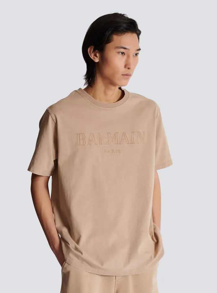 Balmain TShirts Men Loose Tshirt With Vintage Embroidery Beige