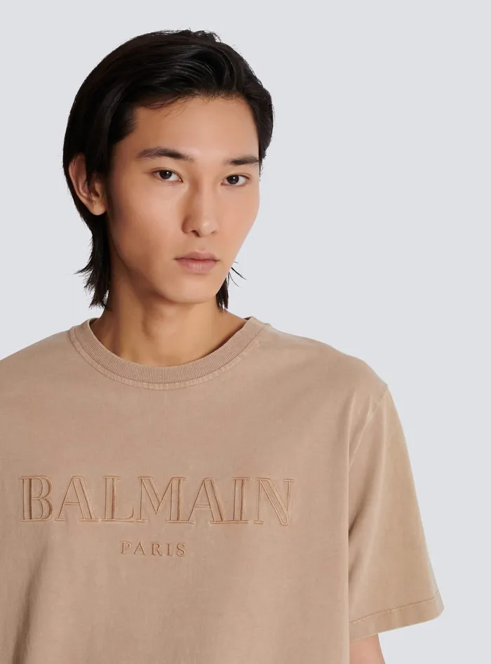 Balmain TShirts Men Loose Tshirt With Vintage Embroidery Beige
