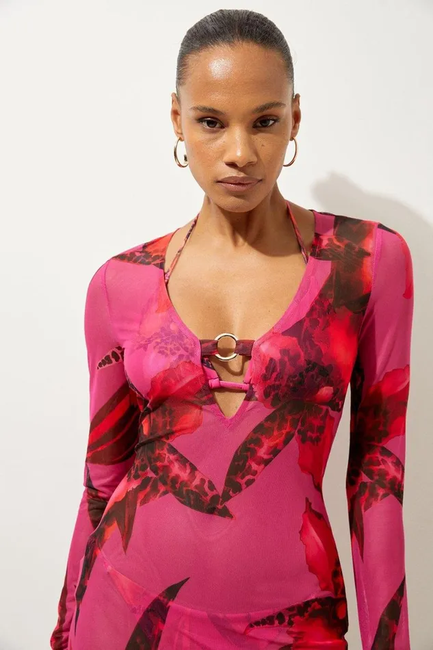 Beachwear Women Karen Millen Abstract Floral Print Plunge Beach Mini Dress Pink