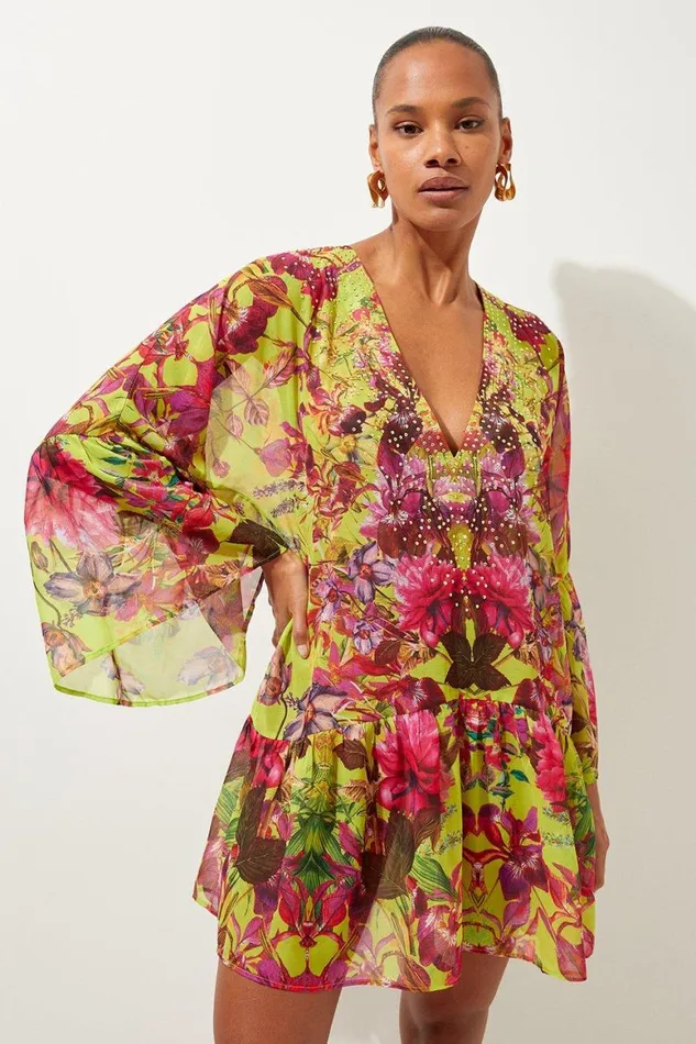 Beachwear Women Karen Millen Embellished Mirrored Floral Kimono Sleeve Beach Mini Dress Pink Beachwear Women Karen Millen Embellished Mirrored Floral Kimono Sleeve Beach Mini Dress Pink