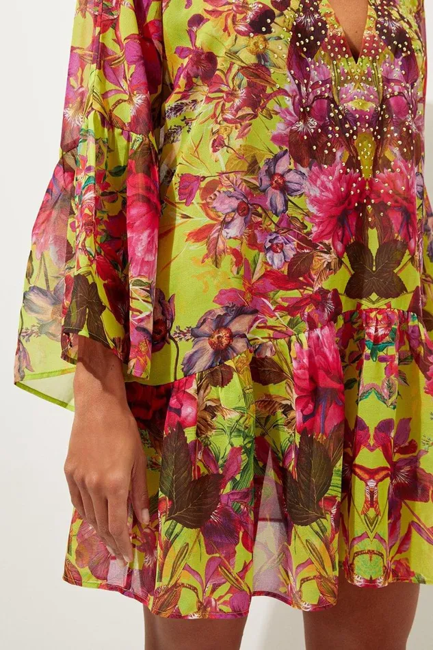 Beachwear Women Karen Millen Embellished Mirrored Floral Kimono Sleeve Beach Mini Dress Pink