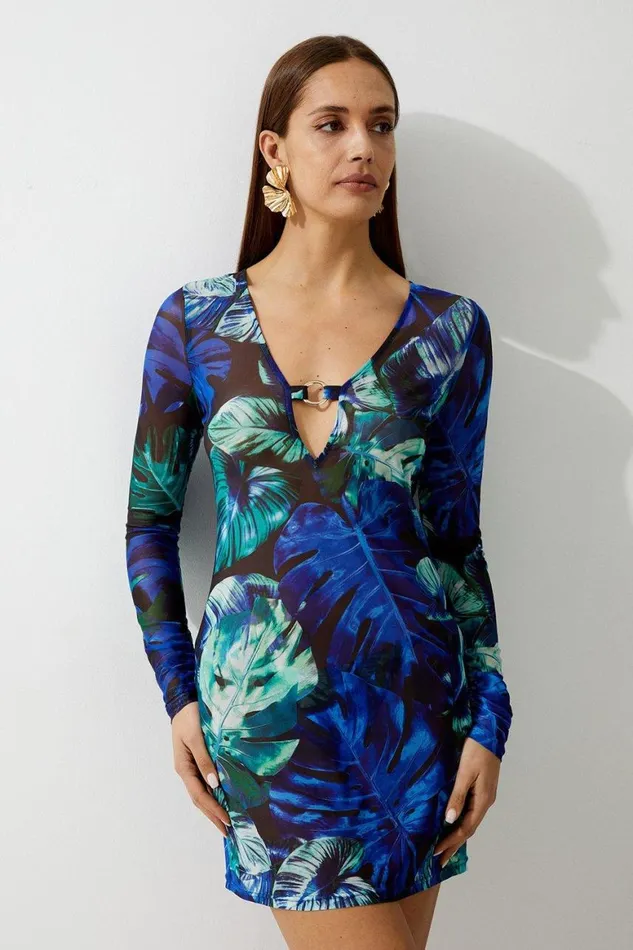 Beachwear Women Karen Millen Palm Print Plunge Beach Mini Dress Blue