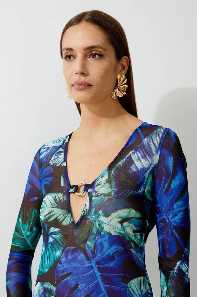 Beachwear Women Karen Millen Palm Print Plunge Beach Mini Dress Blue