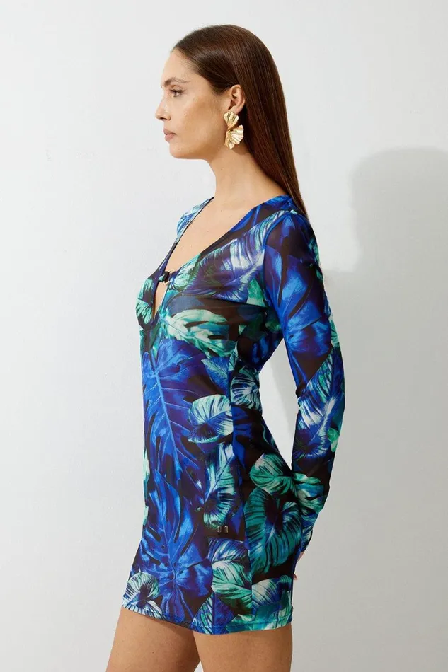 Beachwear Women Karen Millen Palm Print Plunge Beach Mini Dress Blue