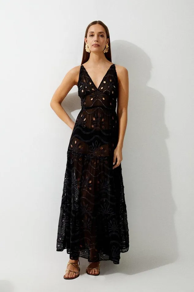 Beachwear Women Karen Millen Viscose Georgette Cutwork Beach Strappy Maxi Dress Black Beachwear Women Karen Millen Viscose Georgette Cutwork Beach Strappy Maxi Dress Black
