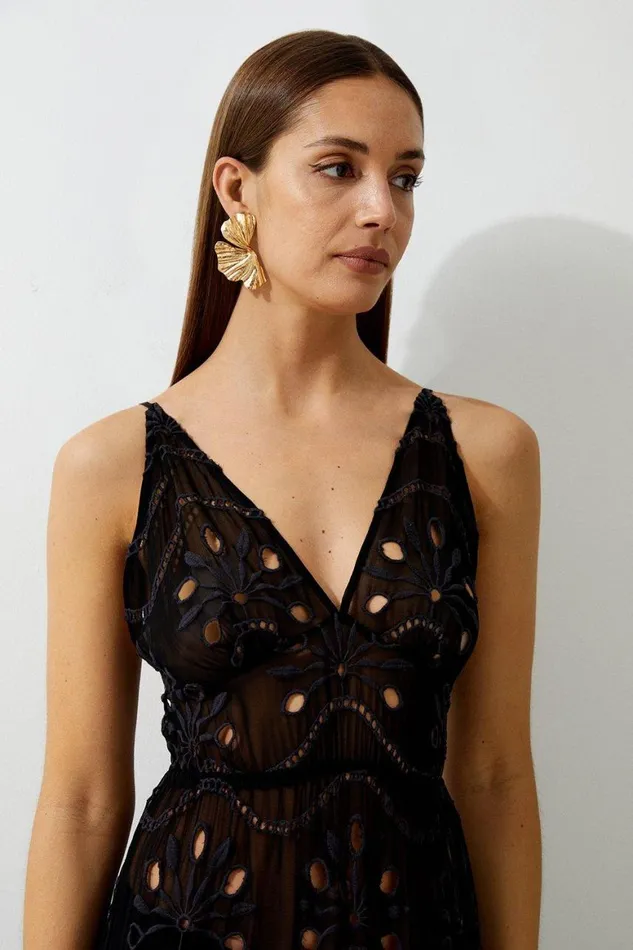 Beachwear Women Karen Millen Viscose Georgette Cutwork Beach Strappy Maxi Dress Black
