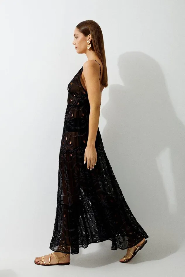 Beachwear Women Karen Millen Viscose Georgette Cutwork Beach Strappy Maxi Dress Black